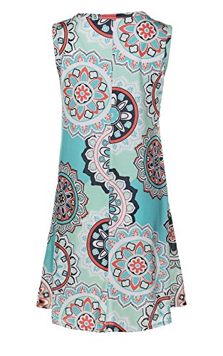 Womens Crew Neck Printed Sleeveless Casual Tunic Tops Summer Swing Tee Shirt Dress with Pockets (Green, M) - Thumbnail 2