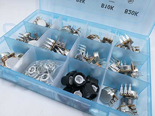 Potentiometer Assortment 48 pcs 10 values 1K 5K 10K 20K 50K 100K 250K 500K 1M vertical terminals linear B and audio Logarithmic A100K