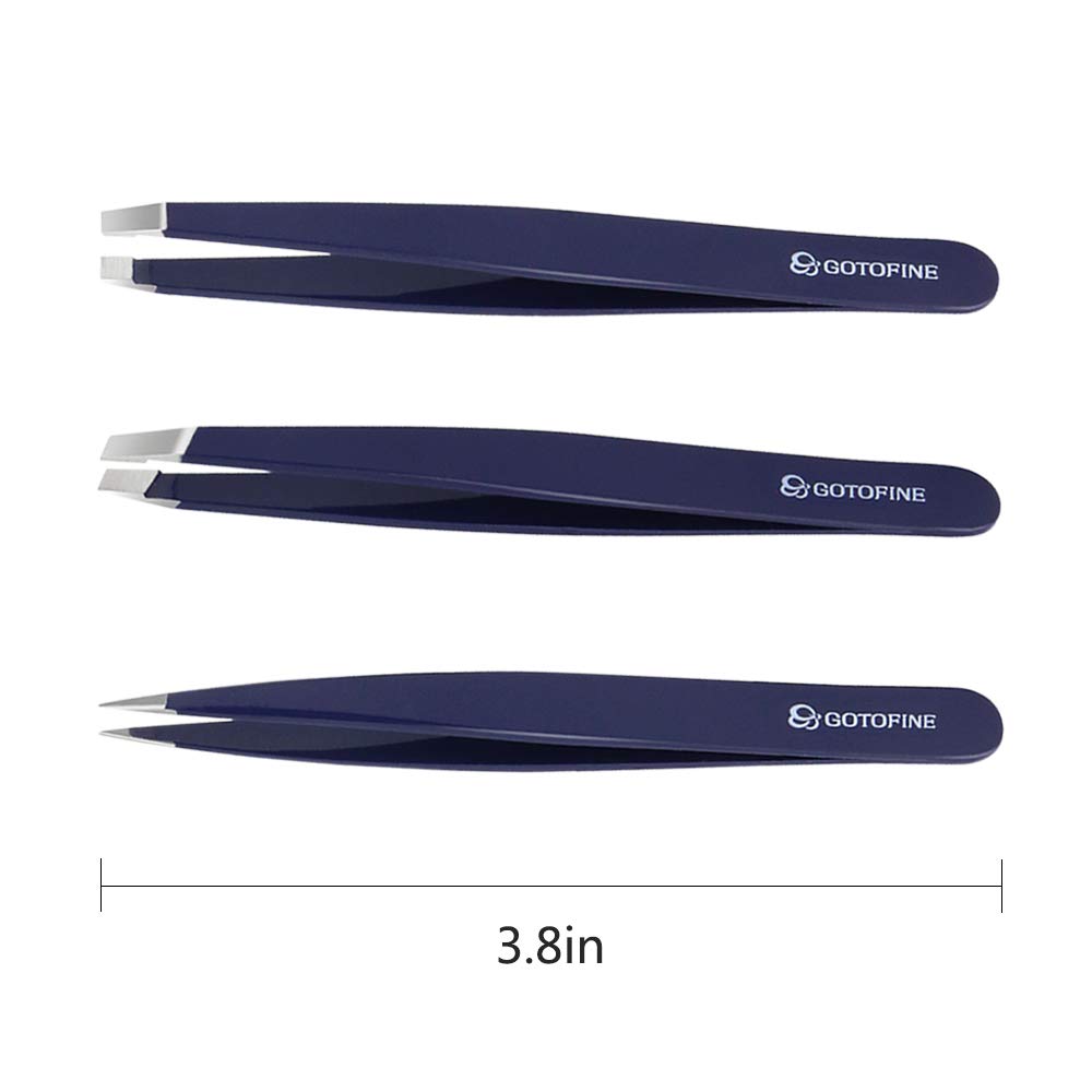 Gotofine Stainless Steel Tweezers Set of 3, Flat/Slant/Pointed, Eyebrow Plucking Strong Grip & Ultimate Precision, Includes Leather Carry Case