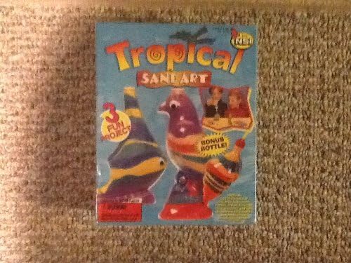 TROPICAL SAND ART-IN BOX, (THREE "FISH,BIRD,SPINNING TOP,"BOTTLES) TO CREATE-BAGS OF COLORED SAND-CAPS-FUNNEL-STRAW-DETAILING STICK-ADHESIVE-LANYARD-DECORATIVE ACCESSORIES, AND INSTRUCTIONS(THEREE FUN PROJECTS)