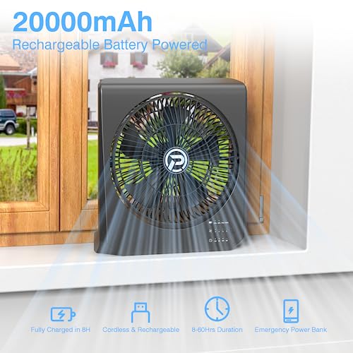 Box Fan, 20000mAh Rechargeable Battery Powered Window fan, 10’’ Quiet