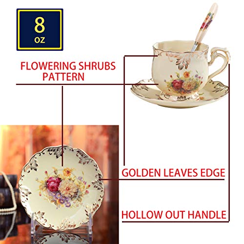 YOLIFE Flowering Shrubs Ivory Ceramic Tea Cup and Saucer Set,8oz Fancy Tea Cup Floral Tea Cup,The Best First Gift - Thumbnail 2