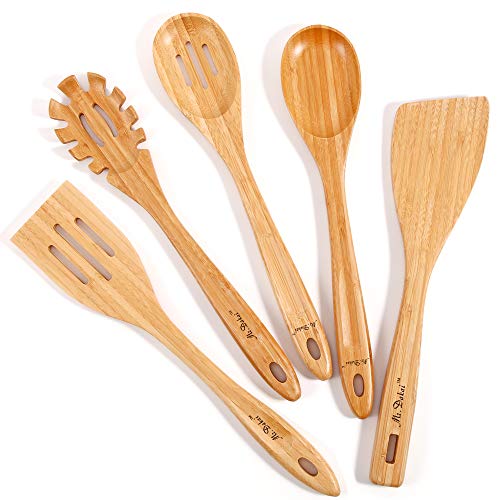 Bamboo Wooden Spoons for Cooking Long Handle, (5 Pc) Nonstick Cookware