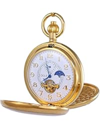 OGLE Vintage Copper Double Cover Tourbillon Phases Moon Chain Fob Self Winding Automatic Mechanical Pocket Watch/Gold Dial (White Dial)