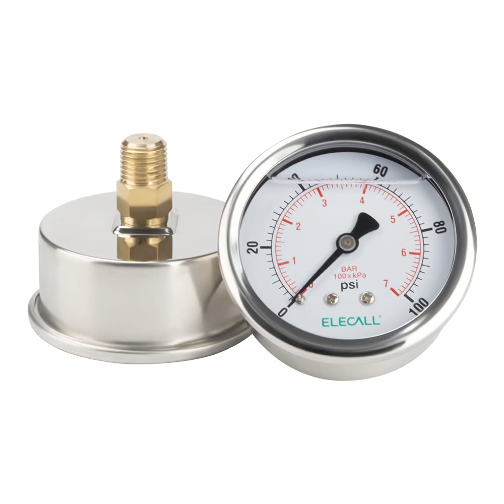 ELECALL 100psi Silicone Oil Filled Pressure Gauge for Water Oil Air Pressure Test in Pool Pump Sand Filter Air Compressor Water System, 2-1/2"Stainless Steel Case, Back Mount 1/4" NPT
