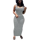 PINSV Women's Bodycon Maxi Dress Stretchy Sleeveless Tank Dress Summer Long Ribbed Casual Beach Party Dress