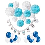 Wartoon Baby Shower It is a Boy Banner Set, Happy Birthday Paper Hanging Banner Decoration Flags and 12 Paper Pom Poms for Baby Shower Party Photo Props