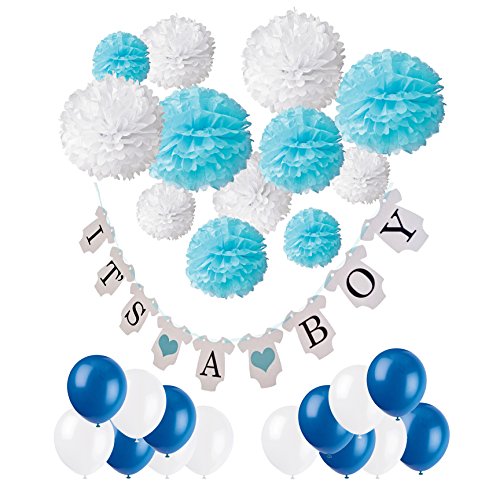 Wartoon Baby Shower It is a Boy Banner Set, Happy Birthday Paper Hanging Banner Decoration Flags and 12 Paper Pom Poms for Baby Shower Party Photo Props