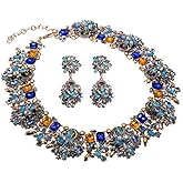 Vintage Crystal Rhinestone Statement Choker Bib Statement Necklace Earring Fashion Costume Jewelry Set for Women