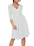 YEEZ Women's V-Neck Ruched Waist Casual Polka Dot Maternity Cocktail Dress White,Medium
