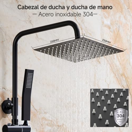 Auralum Columna Ducha Sin Grifo, Rociador de Ducha 25x25cm Acero Inoxidable 304, Alcachofa Ajustable y Estante Sin Taladro, Barra Ducha 62-102cm Compatible Orificios Existentes para Bañera, Negro