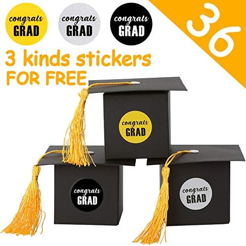 Aparty4u 36pcs Graduation Gift Boxes, Graduation Cap Shaped Favour Box Candy Treat Boxes with 36 Stickers for Graduation Party Favours, Black