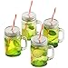 VonShef Set of 4 Mason Glass Drinking Jars Set 15 Ounce Glasses with Reusable Straws, Twist Lids and Handles