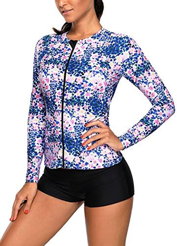 Arainlo Women's Print Zipper Rashguard Long Sleeve UV Protection Surfing Swimsuit Swimwear Bathing Suits Top Blue X-Large Plus Size
