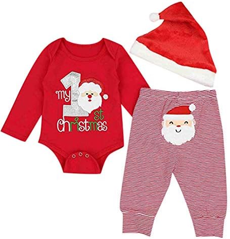 My 1st Christmas Cute Letter Print Jumpsuit Romper+Christmas Santa Print Pants+Hat Outfit Gift Presents Xmas by Covermason