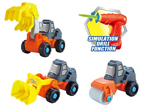 3-in-1 Construction Take-A-Part Toy Truck for Kids with 27 Take Apart Pieces and Power Tool Drill (Bulldozer + Excavator + Roller)