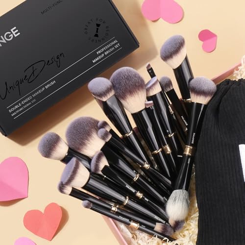 MAANGE Makeup Brushes 16Pcs Professional Foundation Powder Blush Contour Eyeshadows Double-End Makeup Brush Set with Pouch and Gift Box-Black