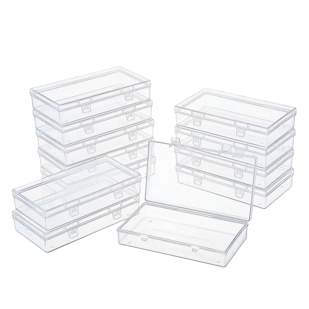 LJY 12 Pack Plastic Storage Boxes with Lids 15.5 x 8.5 x 3 cm – Rectangular Medium Containers for Diamond Art Accessories, Beads, Crafts and Hardware, Stackable Organiser Box Set