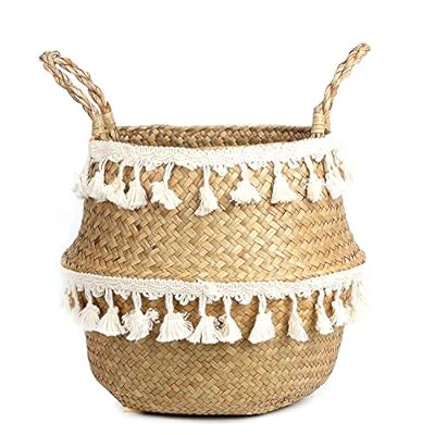 BlueMake Tassel Macrame Woven Seagrass Belly Basket for Storage, Decoration, Laundry, Picnic, Plant Basin Cover…