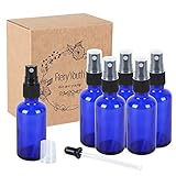 Fiery Youth Cobalt Blue Glass Spray Bottles, 6 Bottle Set, 2 oz (50ml), for Various Dilutions of Liquid, with Plastic Black Fine Mist Sprayers, Dust Caps and Glass Dropper