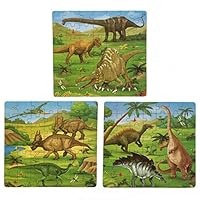 WisdKids Dinosaurs Jigsaw Puzzles in a Box, Three Wooden Puzzles, Sturdy Wooden Storage Box, 49-Piece Puzzles, 6.7" H x 6.7 W x 1.1" L