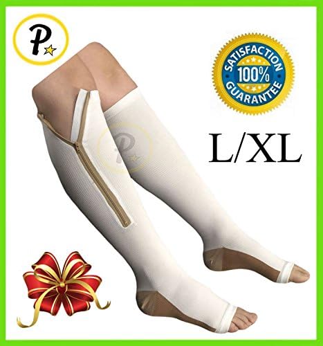 Presadee 20-30 mmHg Zipper Compression White Gold Copper Infused Calf Leg Veins Traveling Energy Support Socks (L/XL)