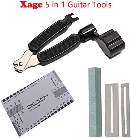 Xage 5 in 1 Guitar Tools - Full Set Guitar Bass Maintenance Kit Including 3 in 1 String Winder&Cutter/String Action Ruler Gauge Tool/Ukelele Bass Grinding Stone/Fingerboard Protector and Brush