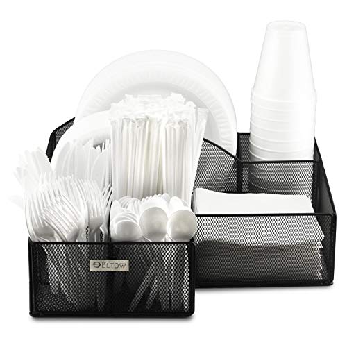 ELTOW Plate & Cutlery Organizer: Large Decorative Kitchen Spoon, Fork, Knives & Cups Holder| Stylish & Sturdy Bowl, Napkin & Tableware Dispenser| Home & Business Office Utensil Organizer Caddy…