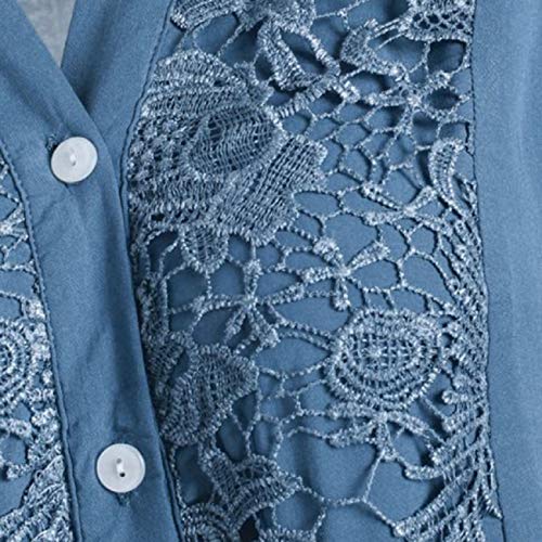 Tsmile Women V-Notch T-Shirt Elegant Pleated Plus Size Button Down Lace Patchwork Cuff Sleeve High Low Hem Tops Tee Blue