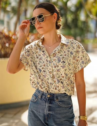Hotouch Camisa para Mujer Informal Manga Corta Blusa de Verano Cuello de Pico Camisa de Algodón Lisa Elegante con Bolsillo Blusas de Oficina Patrón Amarillo
