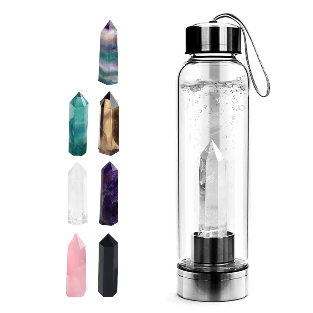 Tyuodna Crystal Quartz Glass Water Bottle, Healing Gemstone Bottle 550ml (Clear Crystal)