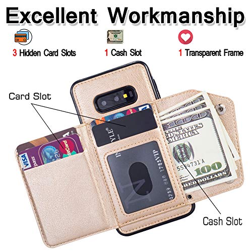 Samsung S10e Case Wallet Card Holder,Kudex Leather Folio Flip Full Body Protective Back Case Cover [Stand Feature] Wrist Strap & [4-Slots] ID&Credit Cards Pockets for Samsung Galaxy S10e (Gold) - Thumbnail 2