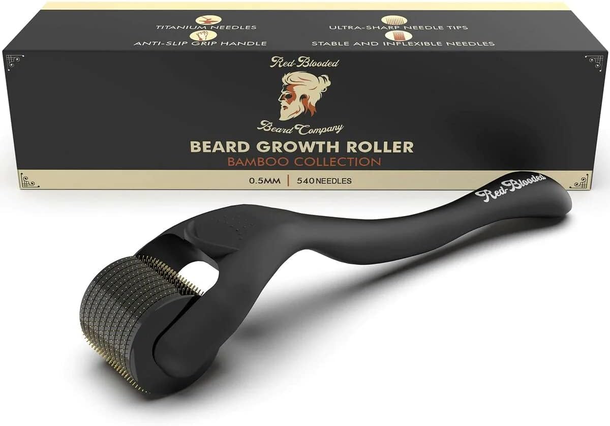 Red-Blooded Beard Roller 0.5mm – 540 Titanium Microneedle Derma Roller for Beard Growth & Hair Regrowth for Men – Microneedling Tool for Thicker, Fuller Beard & Skincare