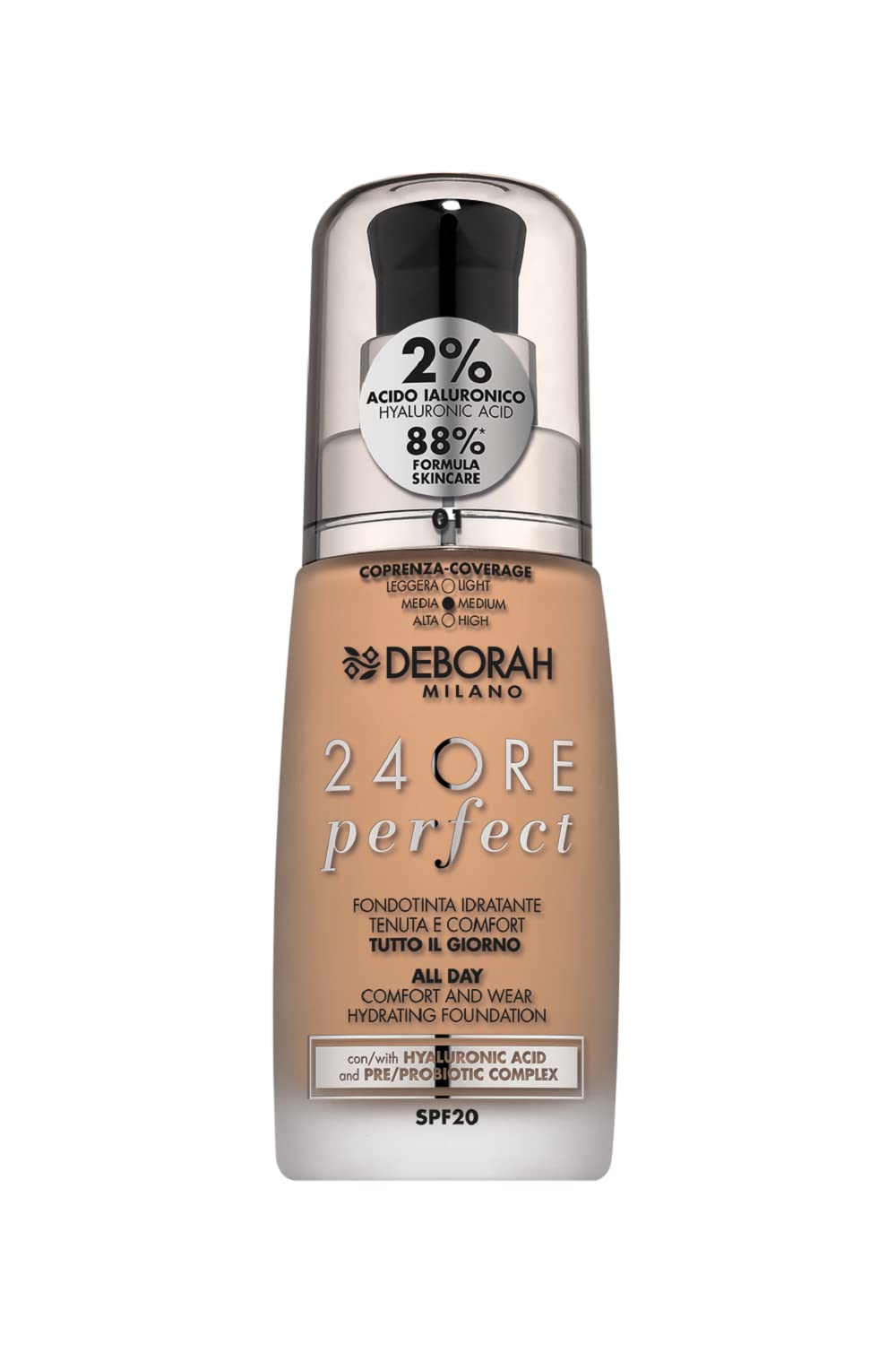 Deborah Milano Foundation Liquid 24 Hour Moisturising SPF 20, N.1 Fair, with Hyaluronic Acid, Long-Lasting, Regenerating and Restructuring, 30 ml