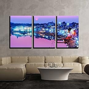 3 Piece Canvas Wall Art - Pushkar Lake at Night Pushkar, Rajasthan, India, Asia - Modern Home Art Stretched and Framed Ready to Hang - 16"x24"x3 Panels
