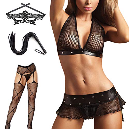 Sexy Women's Mesh Lingerie Plus Size Set – Includes Deep V Bra Top,Mini Skirt with Thong,Stockings,Eye Mask and PU Whip