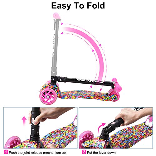 ENKEEO Kick Scooter for Kids with LED Flashing Wheels, Lean to Steer, with 3-level Height Adjustable Handlebar and Extra Wide Deck, Fun Outdoor Toy for Children from 3 to 11 Years Old (Candy) - Thumbnail 6