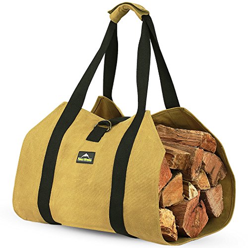ForestWonder Firewood Carrier Log Carrier Wood Carrying Bag for Fireplace 16oz Waxed Canvas - Long Heavy Duty Handle and Security Strap