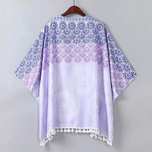 HTDBKDBK Kimono Cardigan Boho Vintage Floral Print Loose Shawl 3/4 Sleeve Kimono Cardigan Chiffon Coat Jacket Blouse Purple