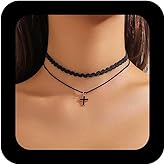 Allereyae Boho Layered Cross Choker Necklace Cross Crucifix Necklaces Black Leather Collar Necklaces Wavy Lace Choker Crucifix Leather Necklace Jewelry for Women