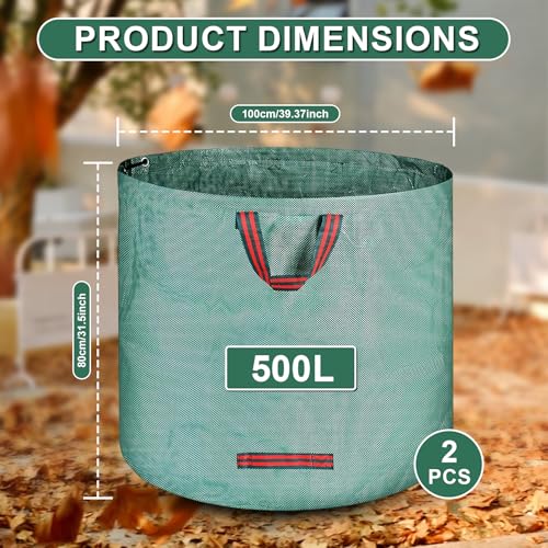2 x 500L Green Waste Garden Bags with Handles, Foldable and Reusable, Suitable for Weeds, Leaves and Waste