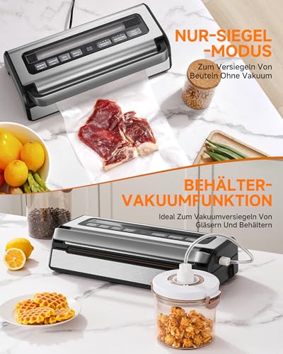 Vacuum Sealer 95 kPa, 9-in-1 Food Vacuum Sealer with Adjustable Time & Pressure Mode, Memory Function, Double Seal, Integrated Cutter & Bag Storage, Includes 2 Rolls & Hose