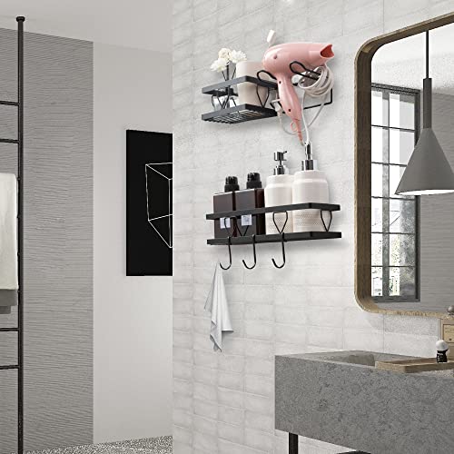 Shower Caddy Shelf Organizer & Bathroom Hair Dryer Hanging Organizer with Hooks, No Drilling Traceless Adhesive Wall Mounted Shower Shelves, Rustproof Stainless Steel Storage Organizer, 2Pack/ Black