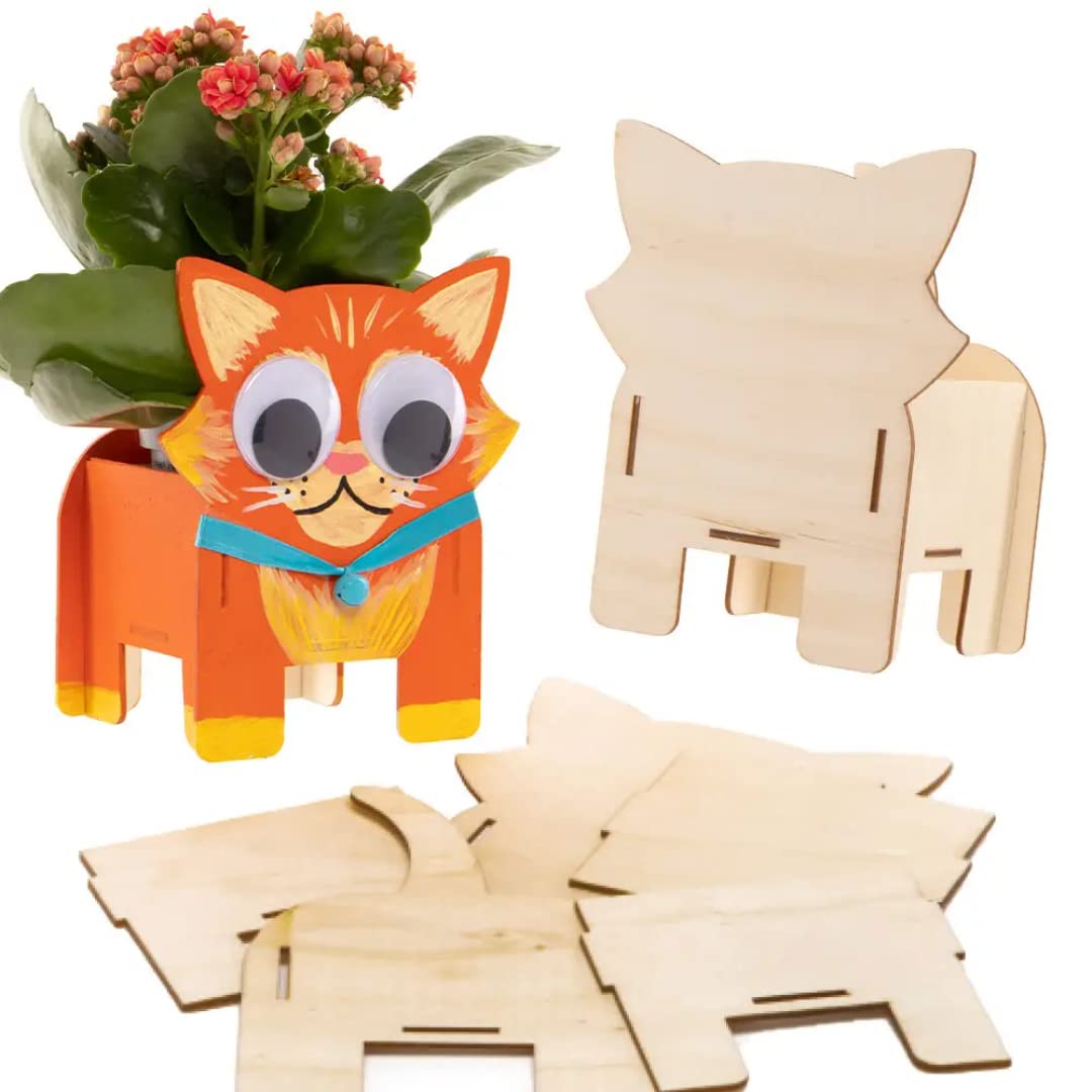 Baker Ross FE386 Cat Wooden Flowerpot Craft Kits - Pack of 3, Make Your Own Flower Pot, Planting Pots for Children to Decorate, Creative Activities for Kids