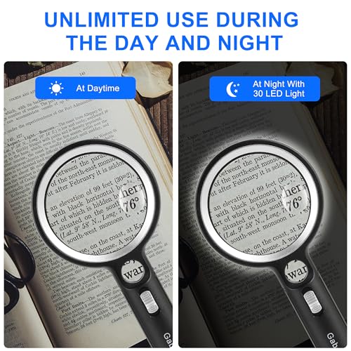 GABORISH Magnifying Glass with Light, 10X 20X 45X Handheld Magnifying Glass with 30 LED and 1 UV, Magnifying Glass for Reading, Inspection, Coins, Jewellery, Exploring, Reading Magnifying Glass for Seniors Large (Silver)