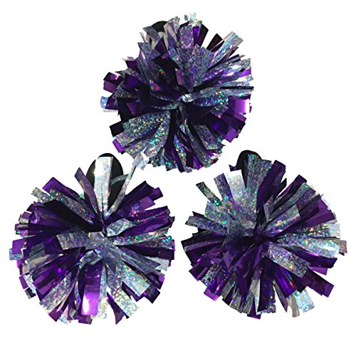 kuugear Set of 3, Wearable 2-Color 2" Metallic Pom Poms for Cheerleading, Team Spirit, Party Costume, Ponytail Holder, Holiday Celebration, and Decor - Holo Silver/Metallic Purple