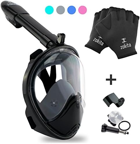 Full Face Snorkel Mask Set, Easy Breath, Anti Fog, Anti Leak Snorkeling Goggles with Removable Cam Mount for Underwater Camera, Panoramic 180° Snorkel Mask &amp; Bonus Swim Gloves, Grey L/XL