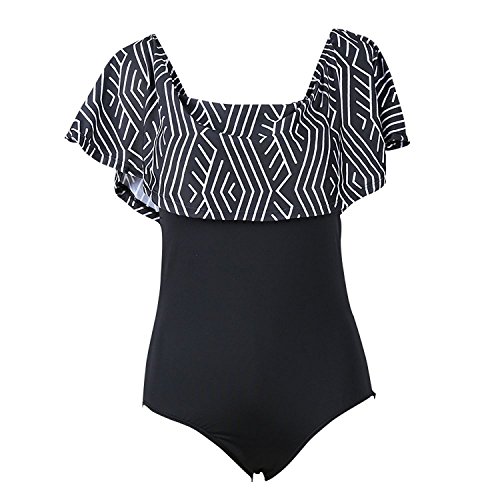 PiePieBuy Women Sexy Off Shoulder Ruffle Frill Geometric Striped Bikini One Piece Bathing Suit Swimwear Black