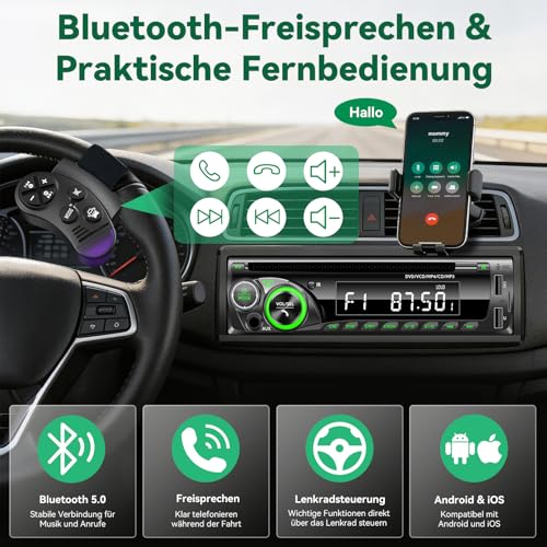 Car Radio Bluetooth with CD DVD Player, Wistrue RDS/FM/AM Car Radio 1DIN, 7 Colours Radio with 2 USB SD/AUX/Steering Wheel Remote Control, MP3 Player