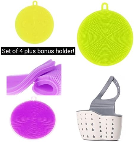 Antibacterial Double Sided Silicon Cleaning Brushes with Holder. Use For Kitchen Insulation Mats, Dish Brush, Makeup Brush Cleaner, Jar Opener, Clothes Brush, Shower Brush Fruits/Vegetables Brush